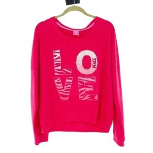 Hard Candy Women XL Pink Love Peace Graphic Pullover Sweater Barbie Sweatshirt a